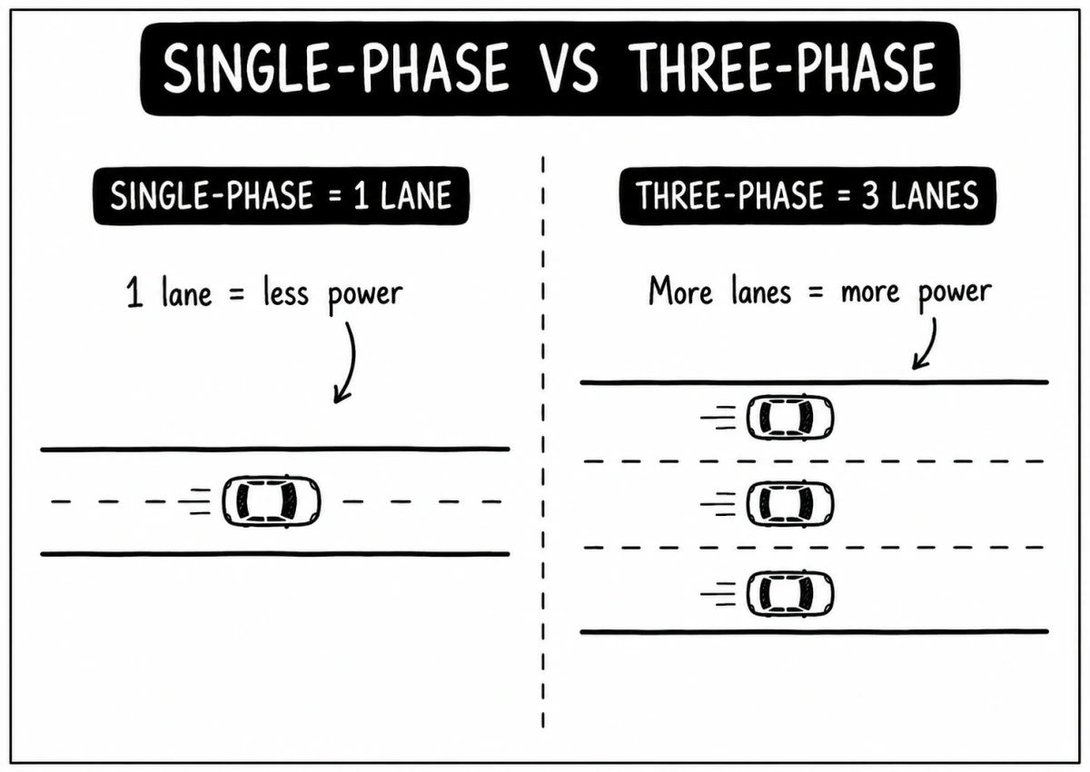 Single-phase vs three-phase power shown as a one-lane road versus a three-lane road, illustrating that more lanes deliver more power